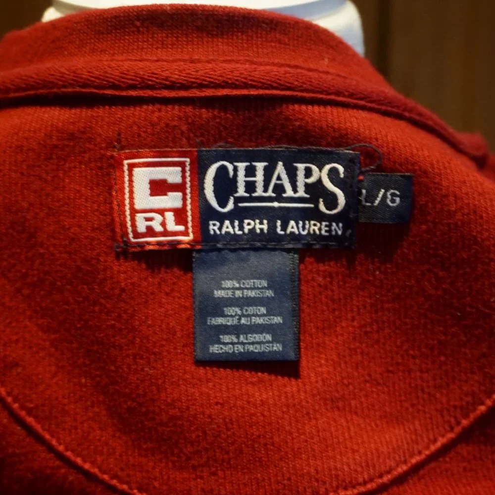 💚 VINTAGE CHAPS | RALPH LAUREN Red V-Neck Stripe Sweater (L)